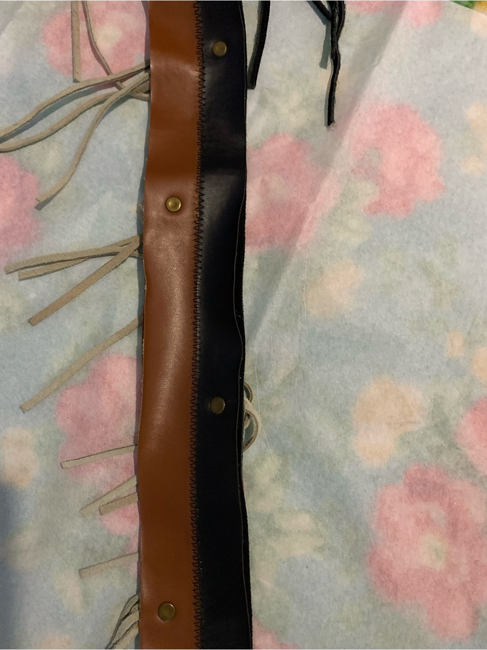 Two-Tone Brown and Black Suede Fringe Belt with Cream Floral Accents Rawhide Fri - Picture 5 of 7